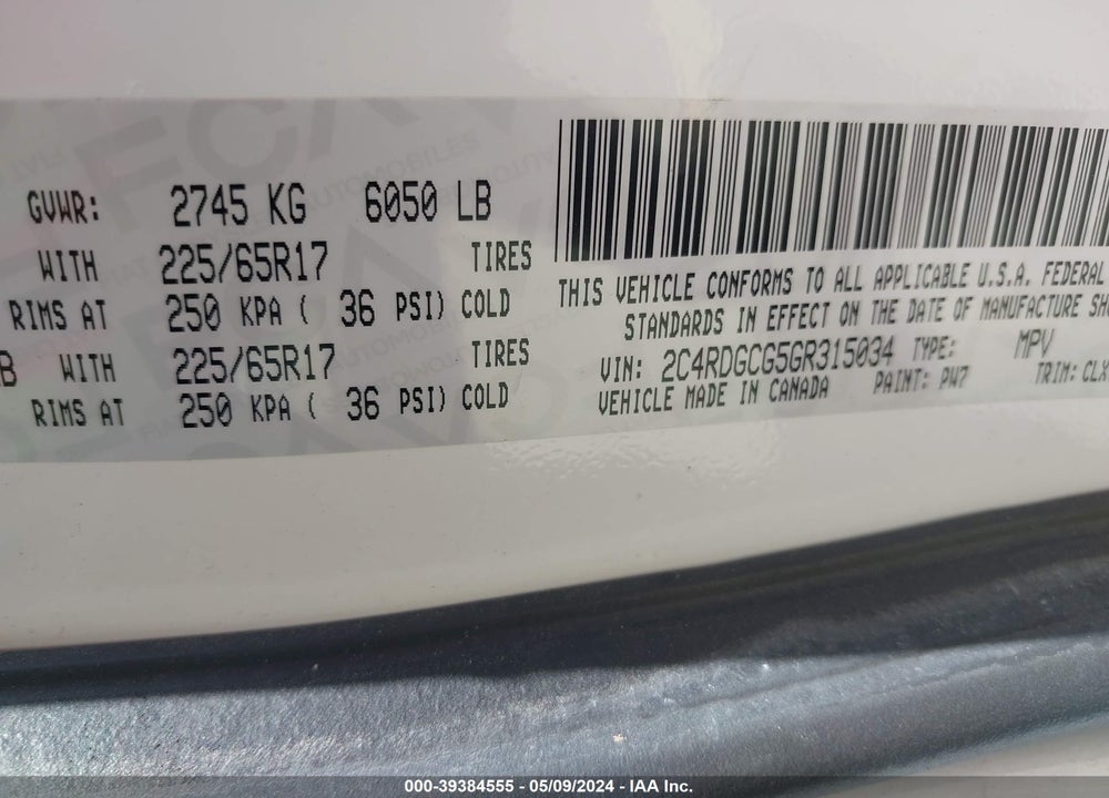 2016 DODGE GRAND CARAVAN SXT VIN: 2C4RDGCG5GR315034