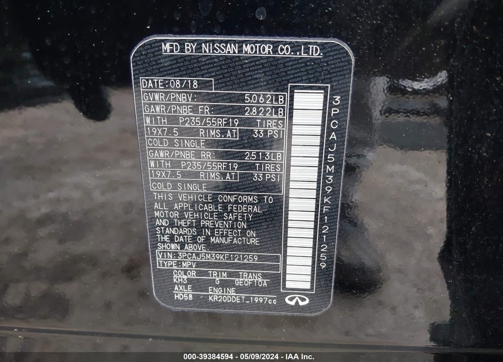 2019 INFINITI QX50 LUXE VIN: 3PCAJ5M39KF121259