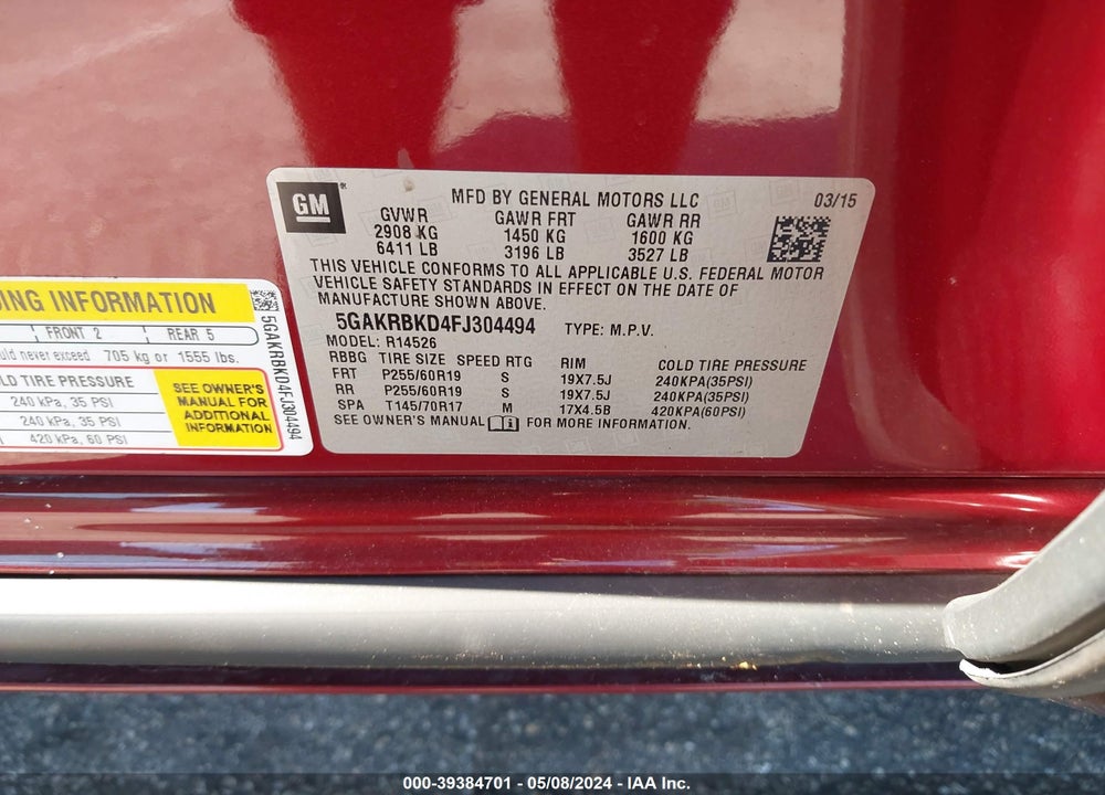 2015 BUICK ENCLAVE LEATHER VIN: 5GAKRBKD4FJ304494