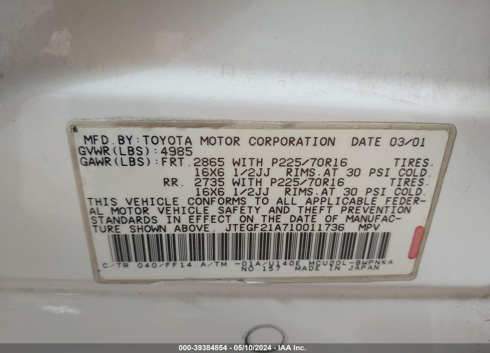 2001 TOYOTA HIGHLANDER V6 VIN: JTEGF21A710011736