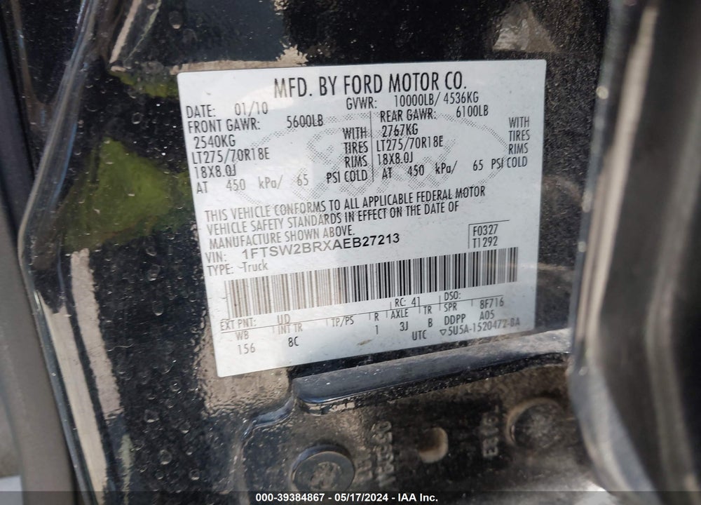 2010 FORD F-250 VIN: 1FTSW2BRXAEB27213