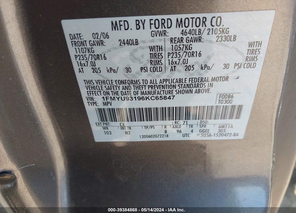 2006 FORD ESCAPE VIN: 1FMYU93196KC65847