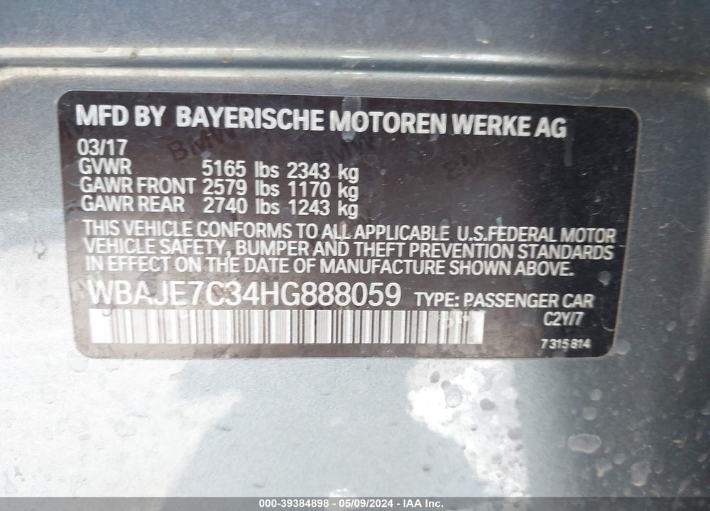2017 BMW 540I XDRIVE VIN: WBAJE7C34HG888059