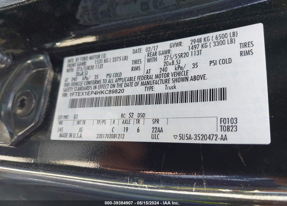 2017 FORD F-150 XL VIN: 1FTEX1EP4HKC89820