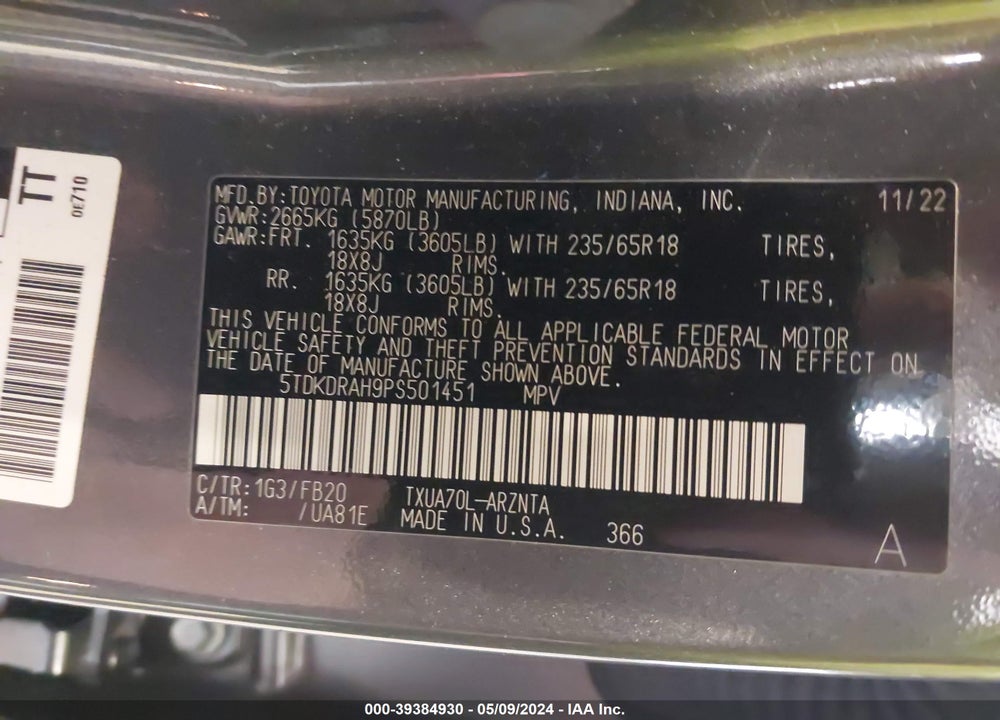 2023 TOYOTA HIGHLANDER LE VIN: 5TDKDRAH9PS501451