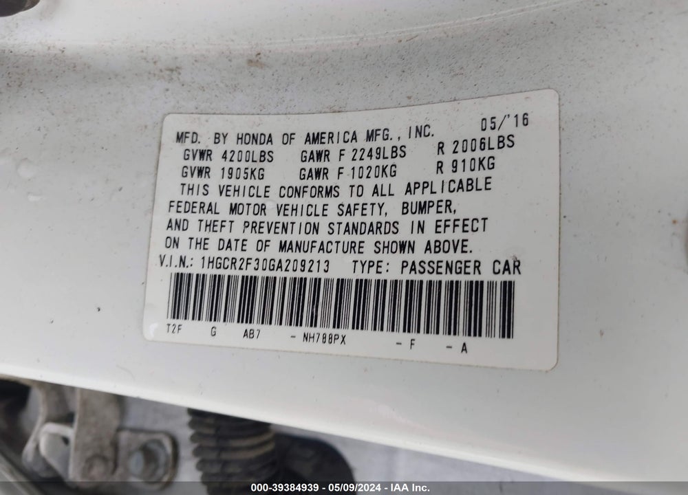 2016 HONDA ACCORD LX VIN: 1HGCR2F30GA209213