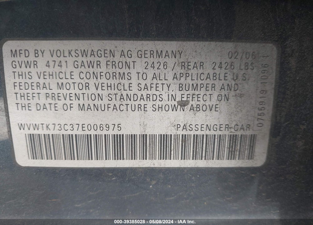 2007 VOLKSWAGEN PASSAT 2.0T VIN: WVWTK73C37E006975