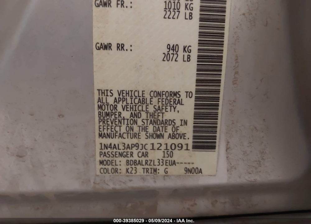 2018 NISSAN ALTIMA 2.5 SL VIN: 1N4AL3AP9JC121091