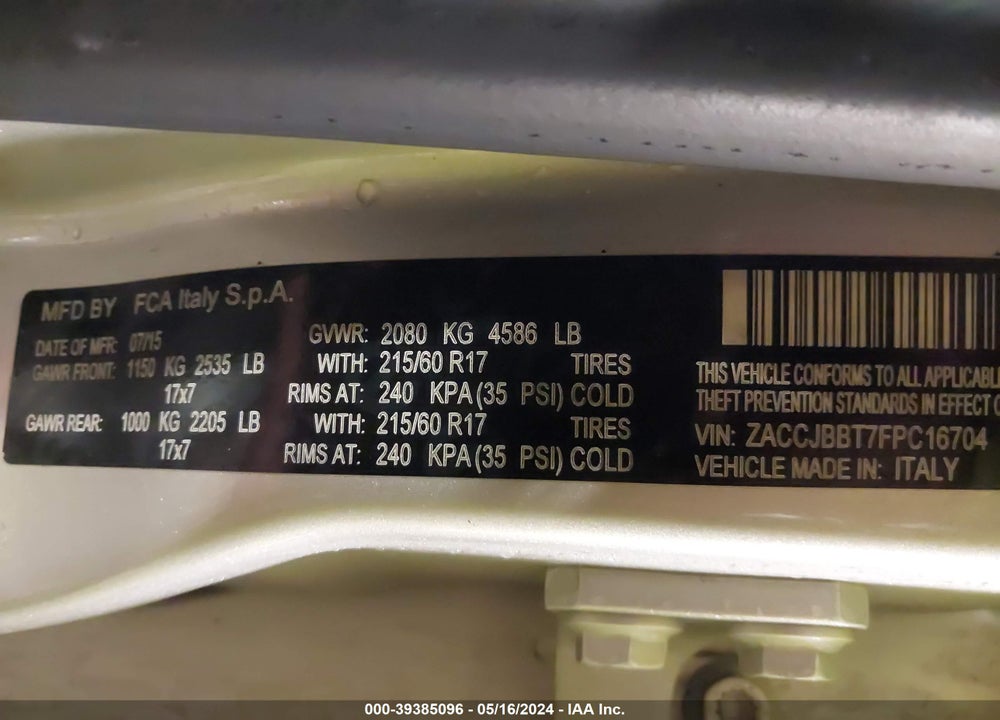 2015 JEEP RENEGADE LATITUDE VIN: ZACCJBBT7FPC16704