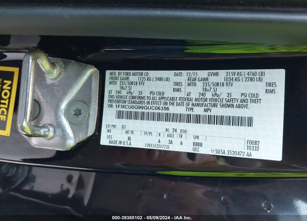 2016 FORD ESCAPE SE VIN: 1FMCU0G99GUC06356