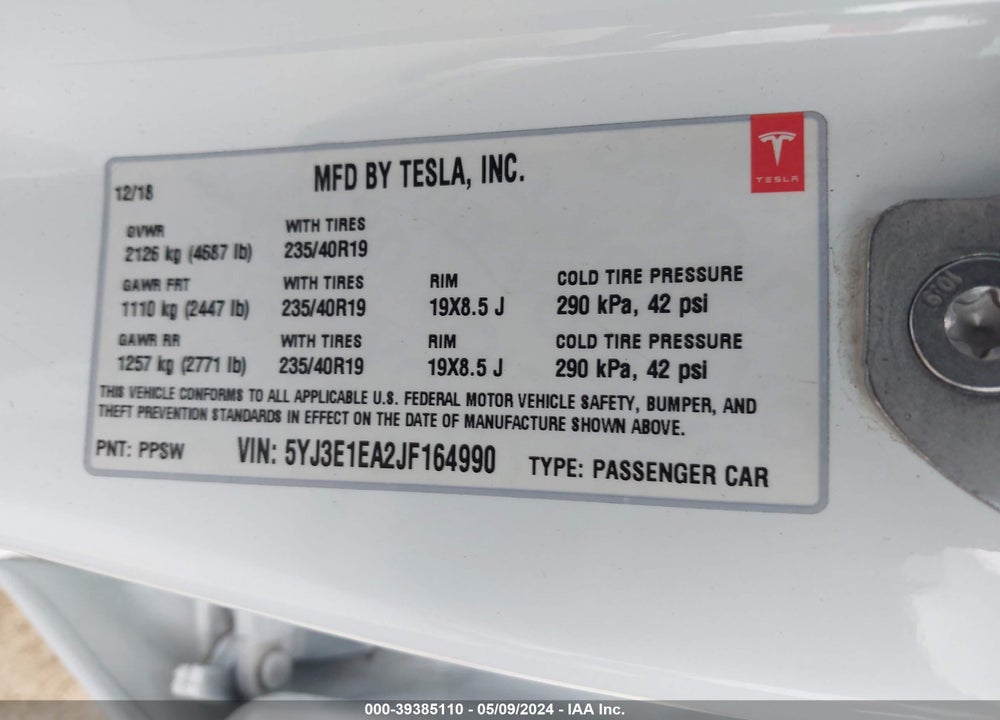 2018 TESLA MODEL 3 VIN: 5YJ3E1EA2JF164990