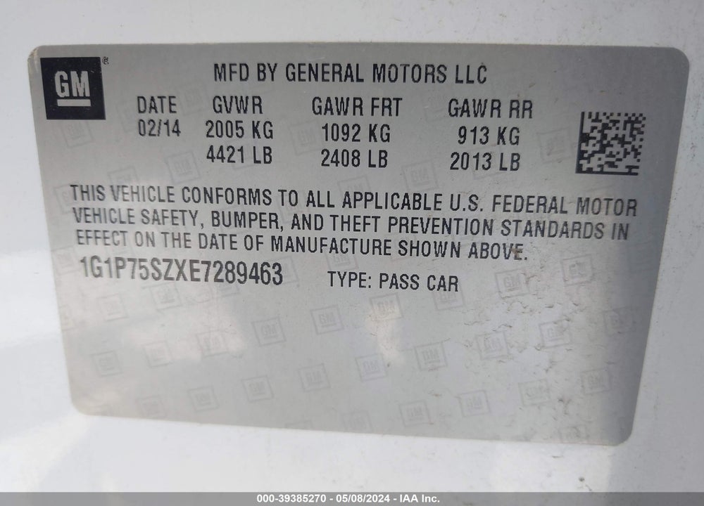 2014 CHEVROLET CRUZE DIESEL VIN: 1G1P75SZXE7289463