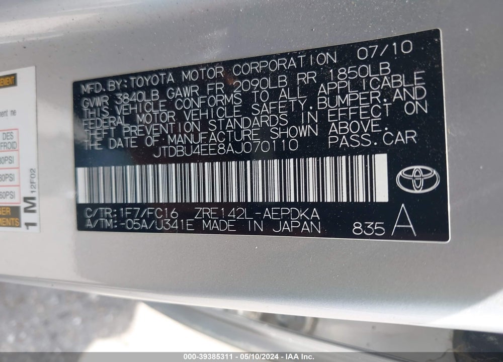 2010 TOYOTA COROLLA LE VIN: JTDBU4EE8AJ070110