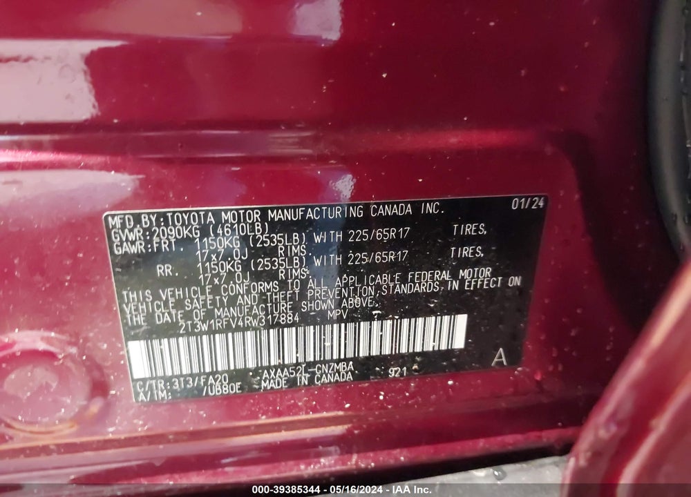 2024 TOYOTA RAV4 XLE VIN: 2T3W1RFV4RW317884