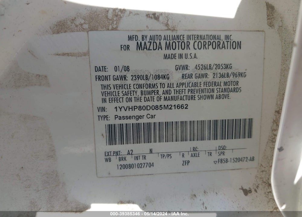 2008 MAZDA 6 S SPORT VE VIN: 1YVHP80D085M21662