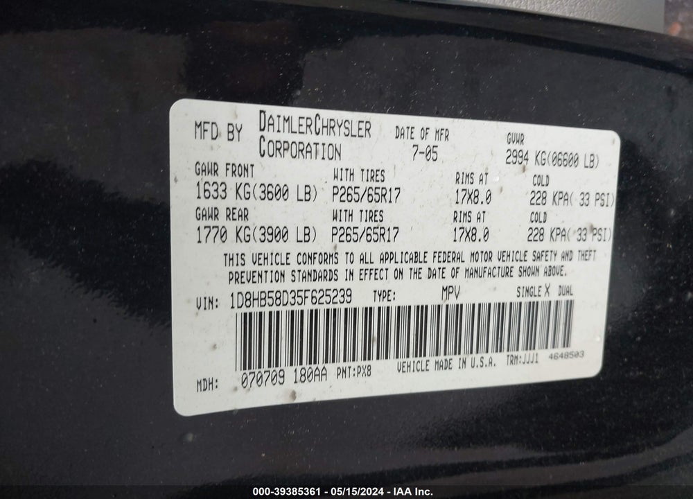 2005 DODGE DURANGO LIMITED VIN: 1D8HB58D35F625239