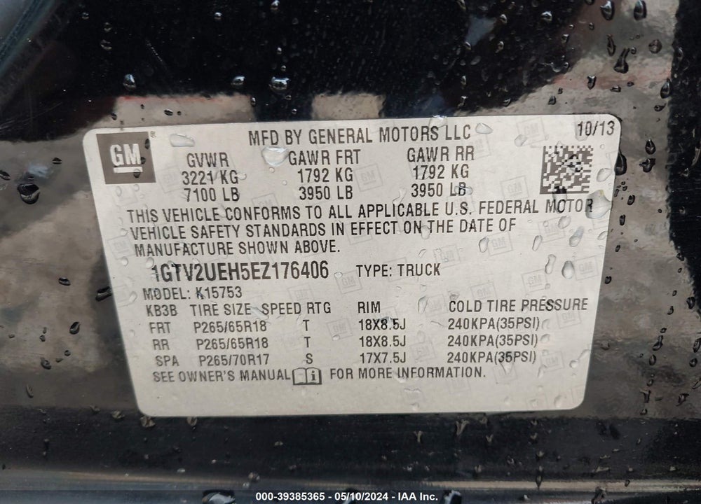 2014 GMC SIERRA 1500 SLE VIN: 1GTV2UEH5EZ176406