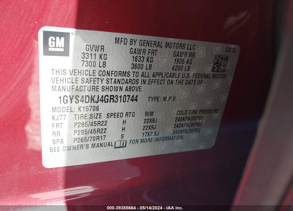 2016 CADILLAC ESCALADE PLATINUM VIN: 1GYS4DKJ4GR310744