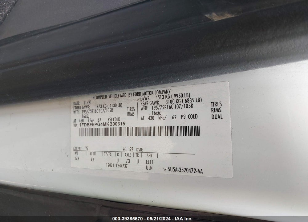 2021 FORD TRANSIT-350 CUTAWAY VIN: 1FDBF6PG4MKB00315