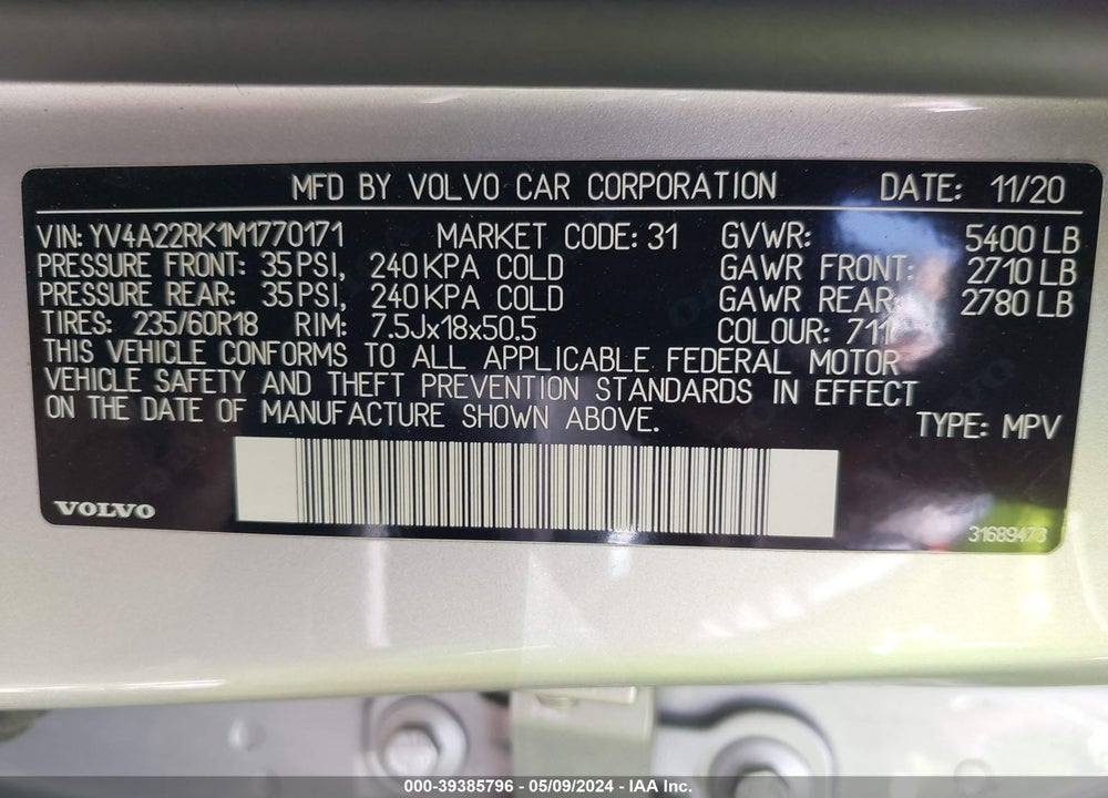 2021 VOLVO XC60 T6 MOMENTUM VIN: YV4A22RK1M1770171
