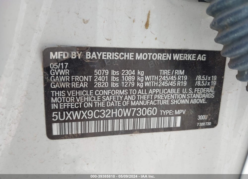 2017 BMW X3 XDRIVE28I VIN: 5UXWX9C32H0W73060
