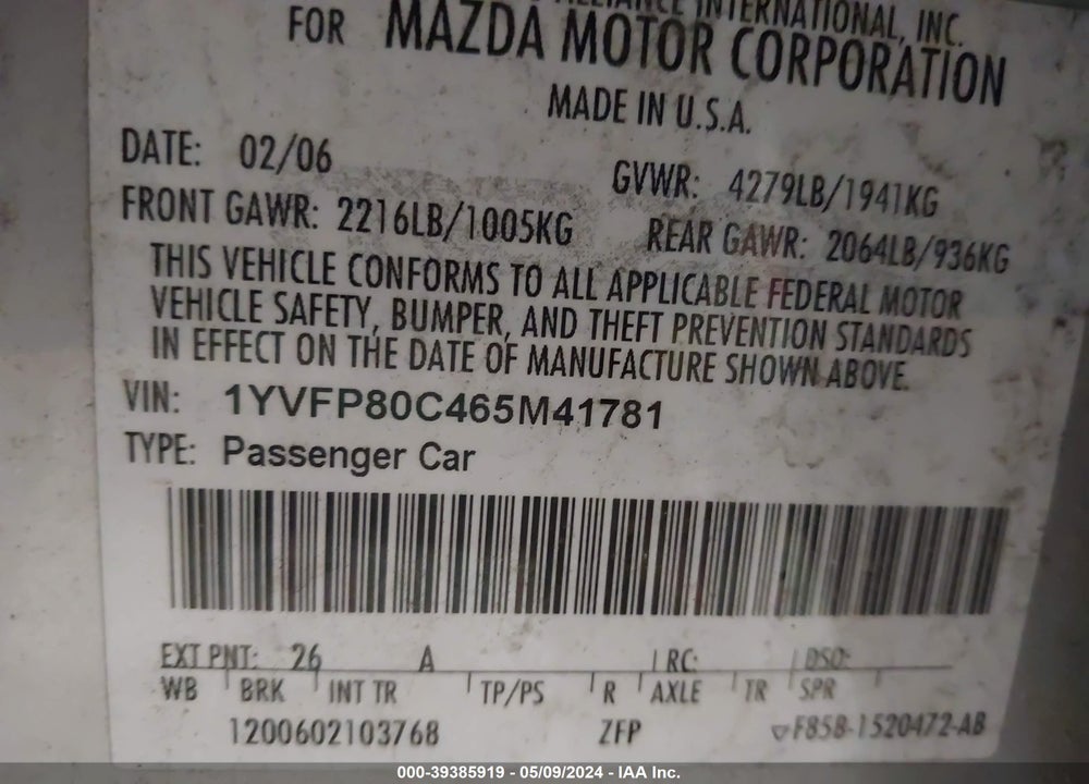 2006 MAZDA 6 I VIN: 1YVFP80C465M41781