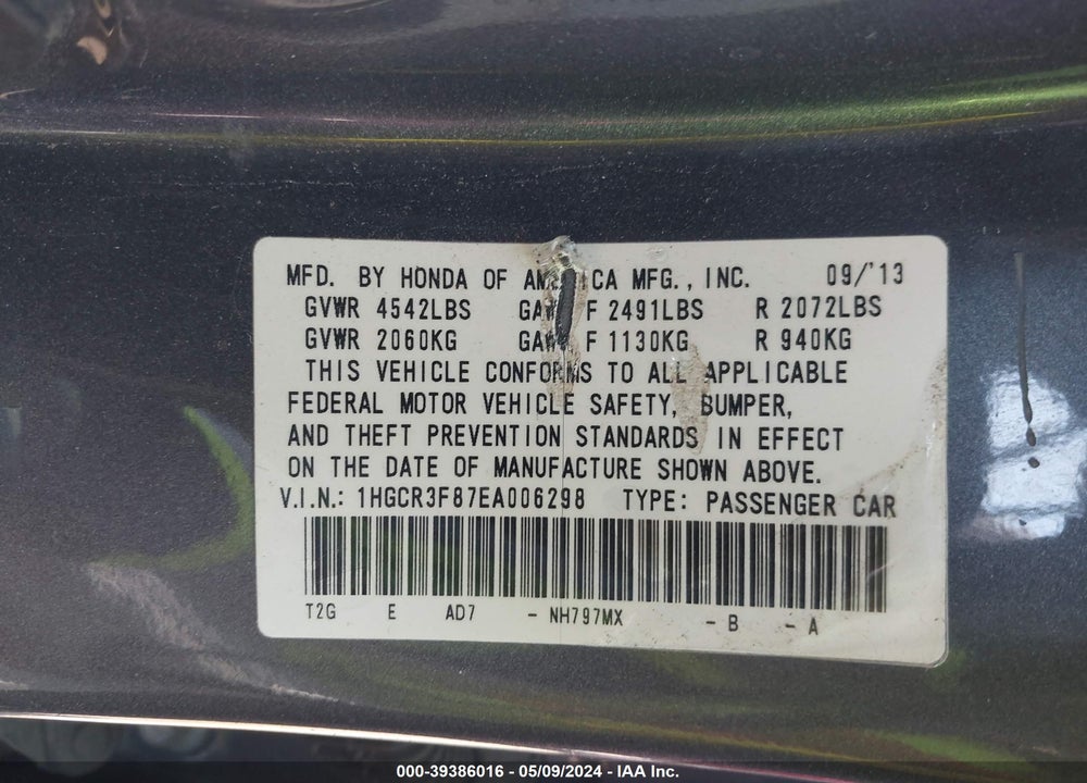 2014 HONDA ACCORD EX-L V-6 VIN: 1HGCR3F87EA006298