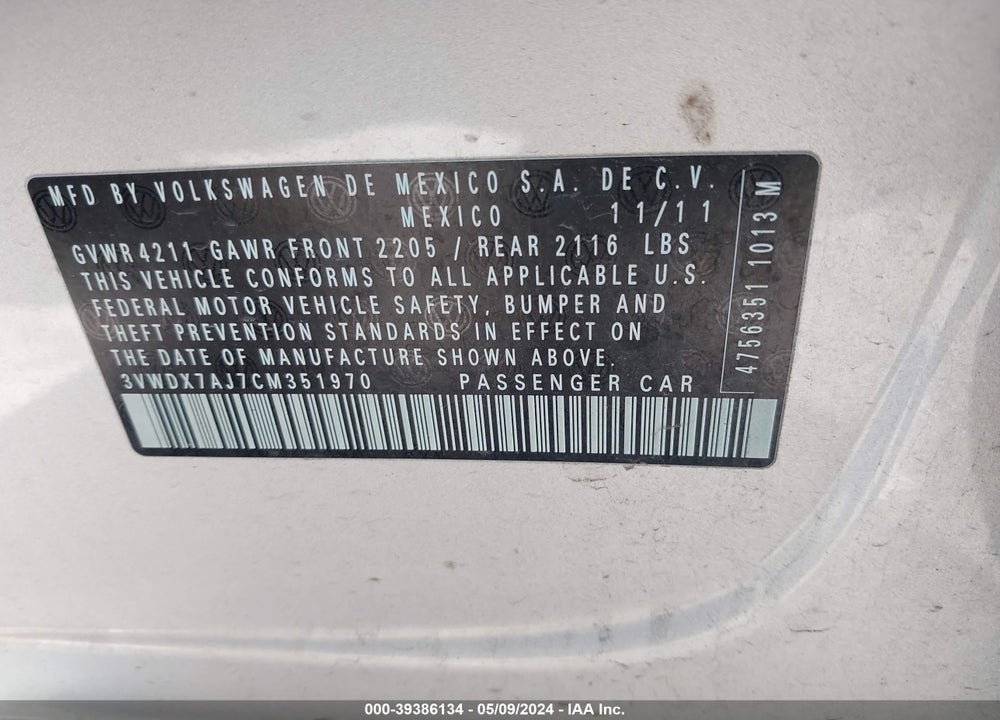 2012 VOLKSWAGEN JETTA 2.5L SE VIN: 3VWDX7AJ7CM351970