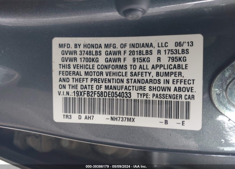 2013 HONDA CIVIC LX VIN: 19XFB2F58DE054033
