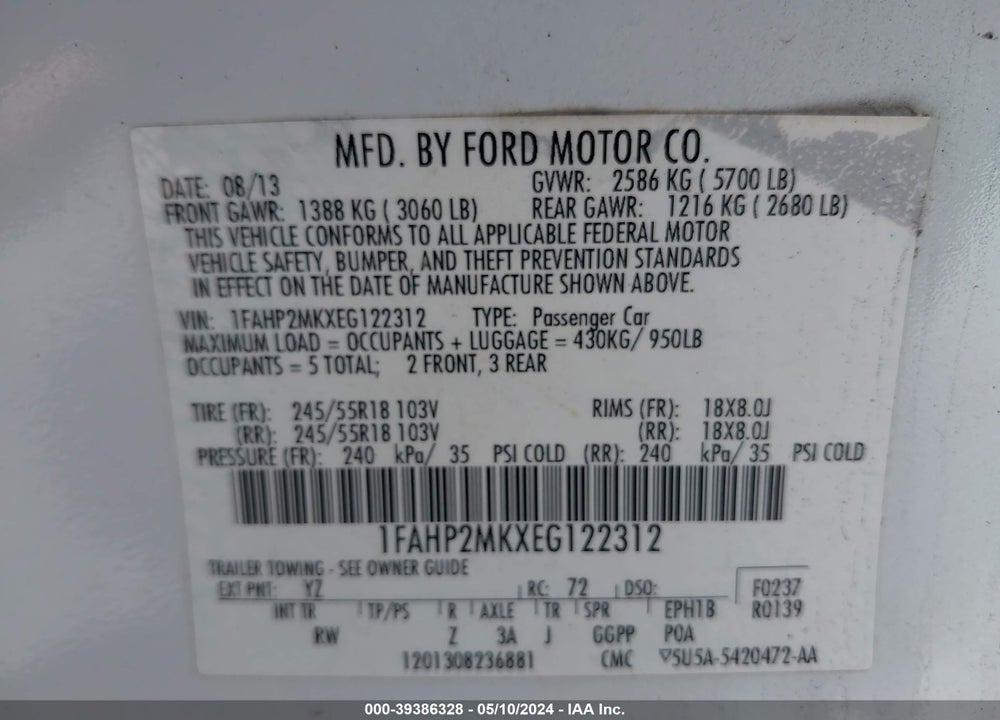 2014 FORD POLICE INTERCEPTOR VIN: 1FAHP2MKXEG122312