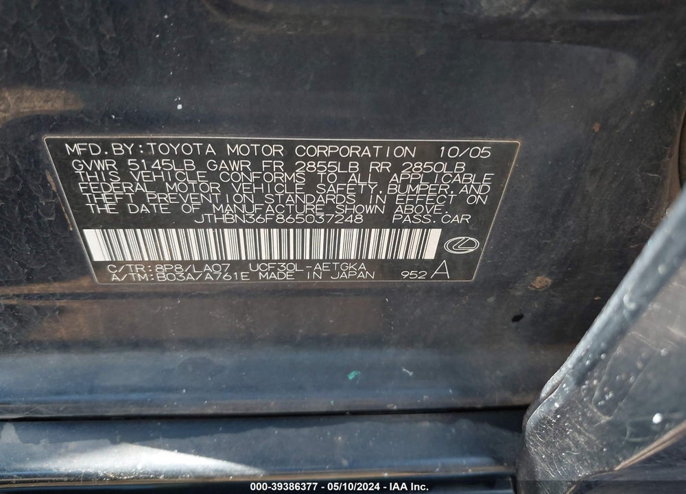 2006 LEXUS LS 430 VIN: JTHBN36F865037248