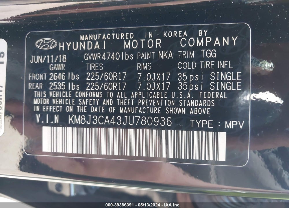 2018 HYUNDAI TUCSON SEL VIN: KM8J3CA43JU780936
