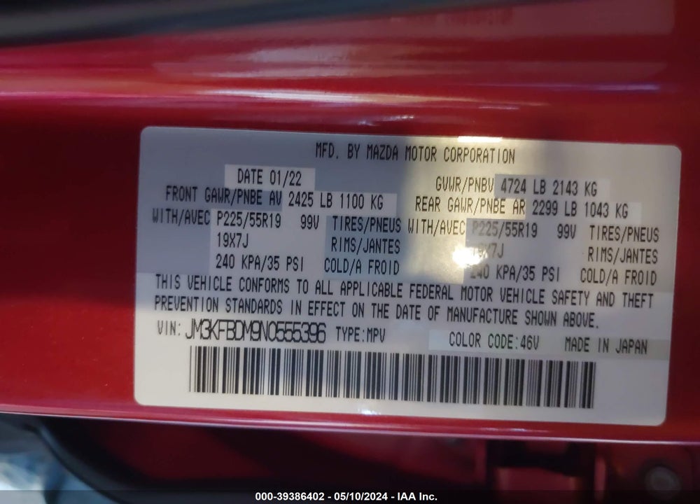 2022 MAZDA CX-5 2.5 S PREMIUM VIN: JM3KFBDM9N0555396