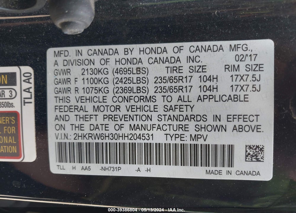 2017 HONDA CR-V VIN: 2HKRW6H30HH204531