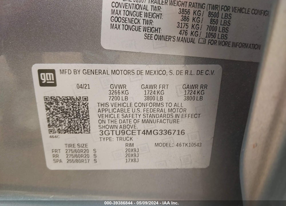 2021 GMC SIERRA 1500 4WD SHORT BOX ELEVATION VIN: 3GTU9CET4MG336716