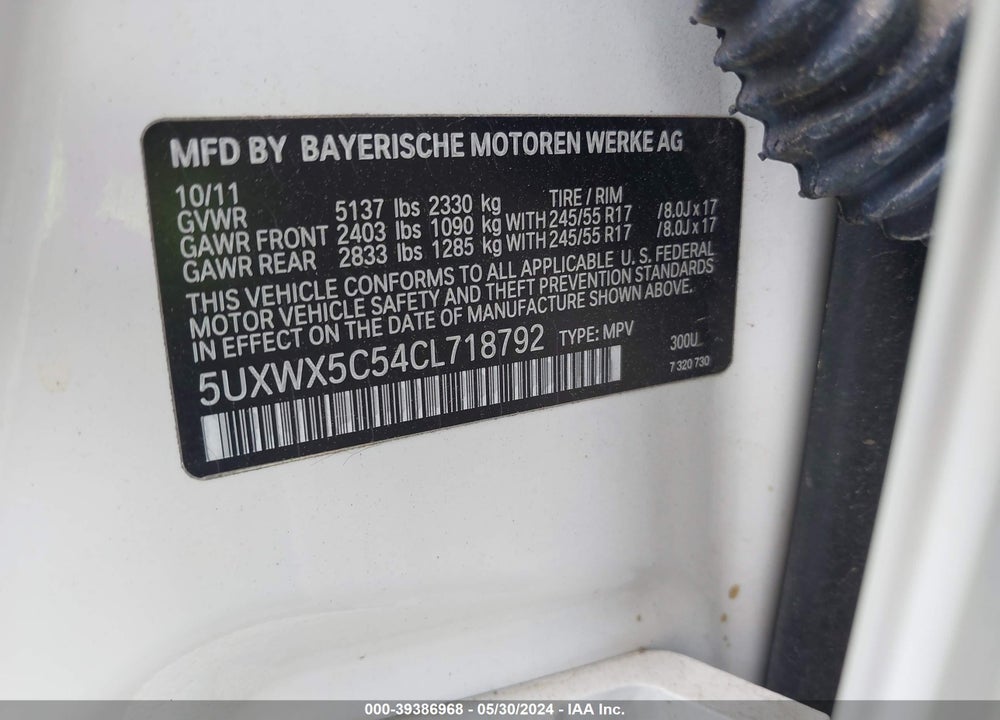 2012 BMW X3 XDRIVE28I VIN: 5UXWX5C54CL718792