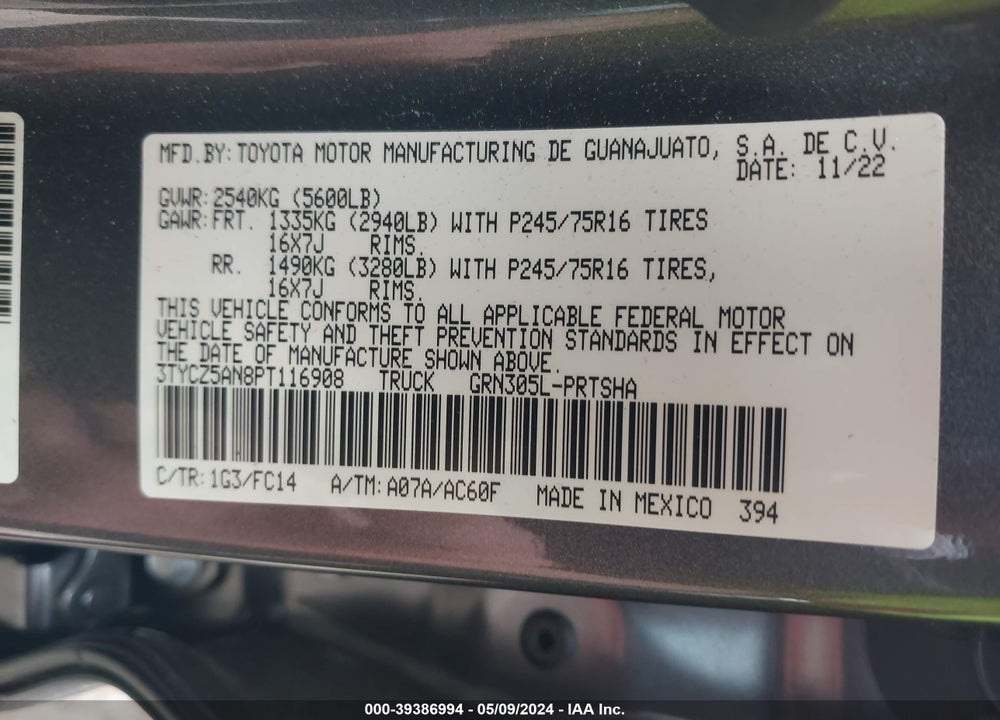 2023 TOYOTA TACOMA SR5 V6 VIN: 3TYCZ5AN8PT116908