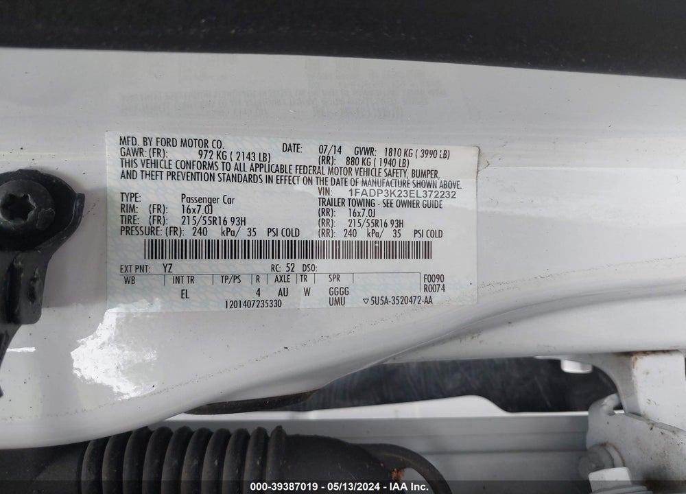2014 FORD FOCUS SE VIN: 1FADP3K23EL372232
