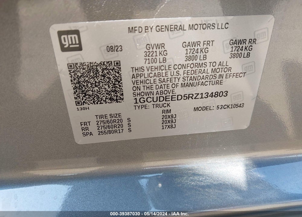 2024 CHEVROLET SILVERADO 1500 4WD SHORT BED RST VIN: 1GCUDEED5RZ134803