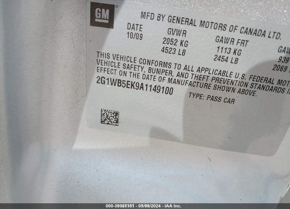 2010 CHEVROLET IMPALA LT VIN: 2G1WB5EK9A1149100