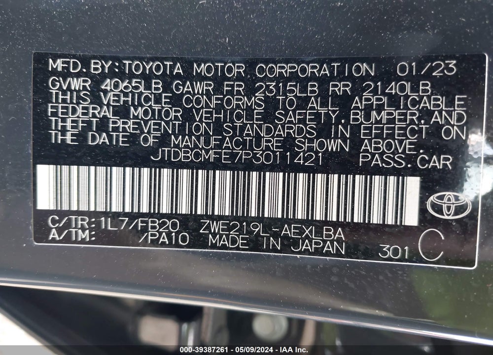 2023 TOYOTA COROLLA HYBRID LE VIN: JTDBCMFE7P3011421