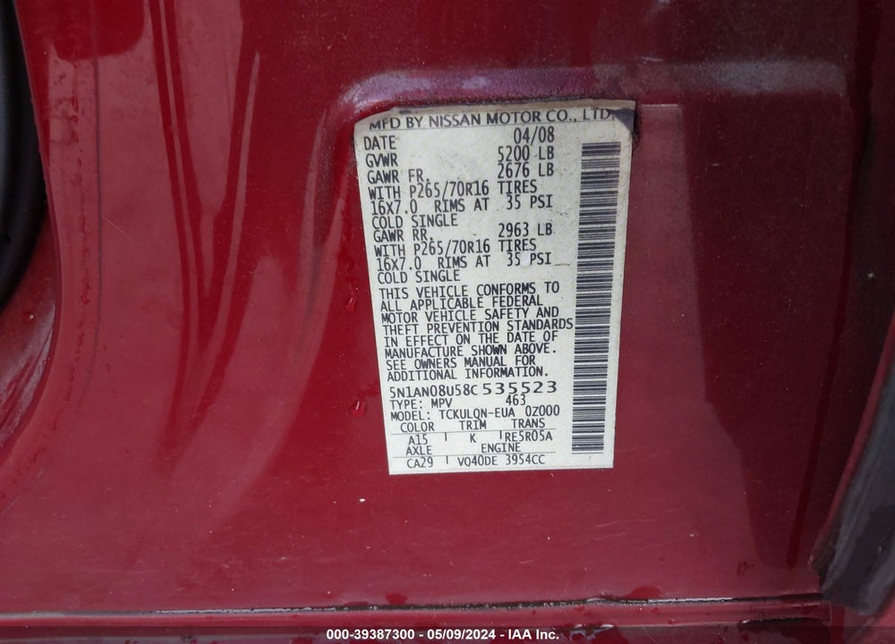 2008 NISSAN XTERRA X VIN: 5N1AN08U58C535523