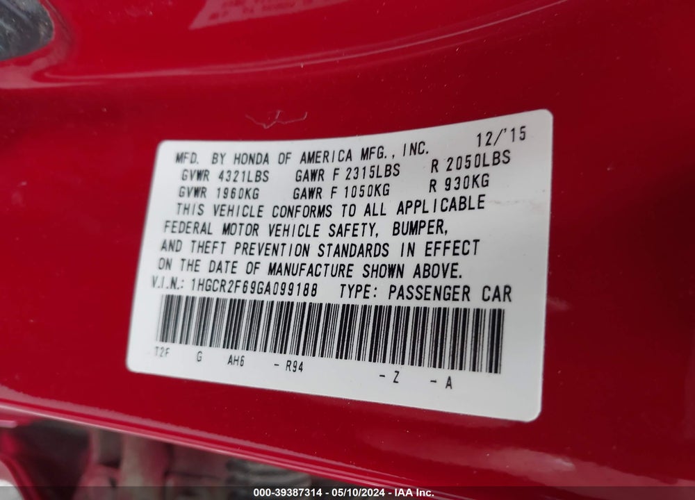 2016 HONDA ACCORD SPORT VIN: 1HGCR2F69GA099188