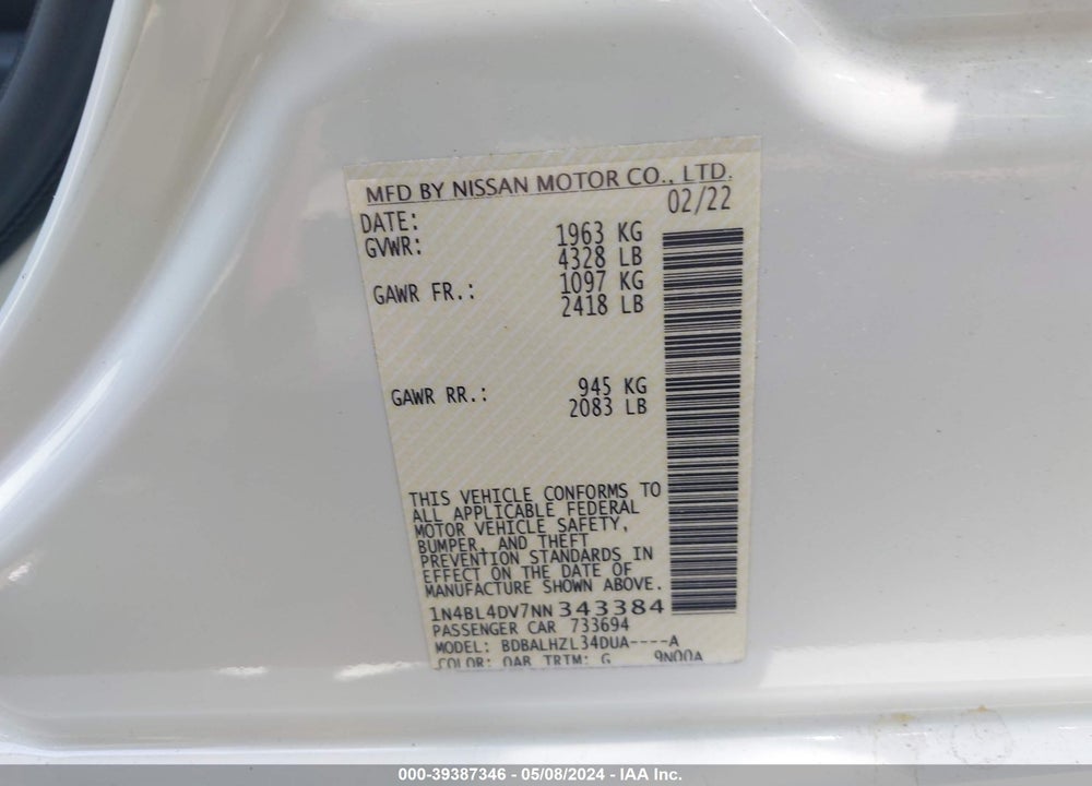 2022 NISSAN ALTIMA SV FWD VIN: 1N4BL4DV7NN343384