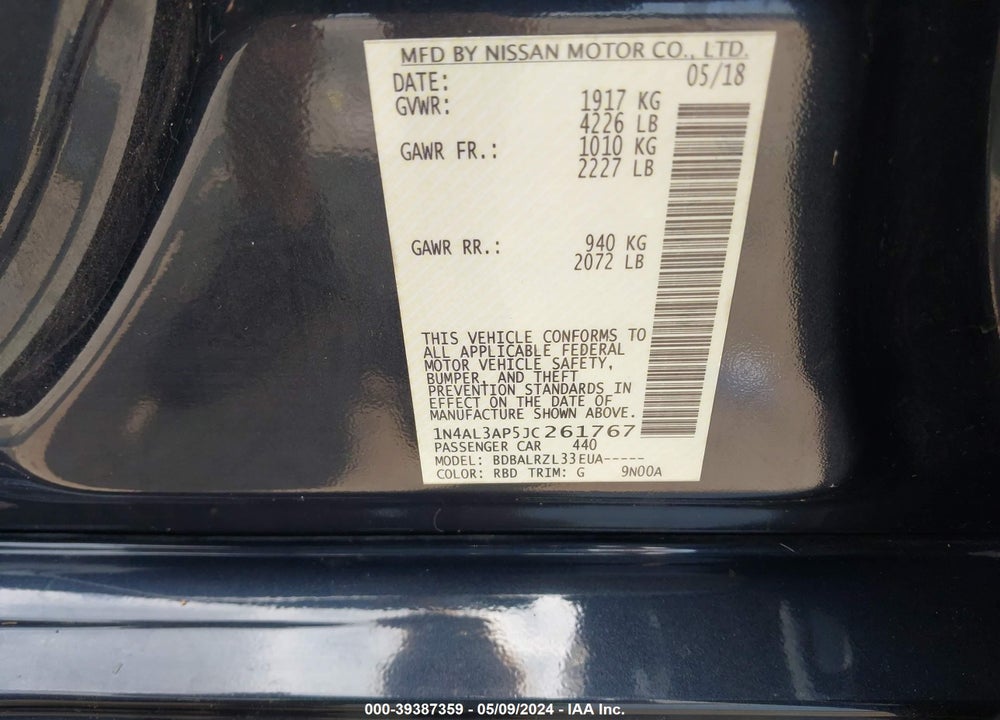 2018 NISSAN ALTIMA 2.5 SL VIN: 1N4AL3AP5JC261767