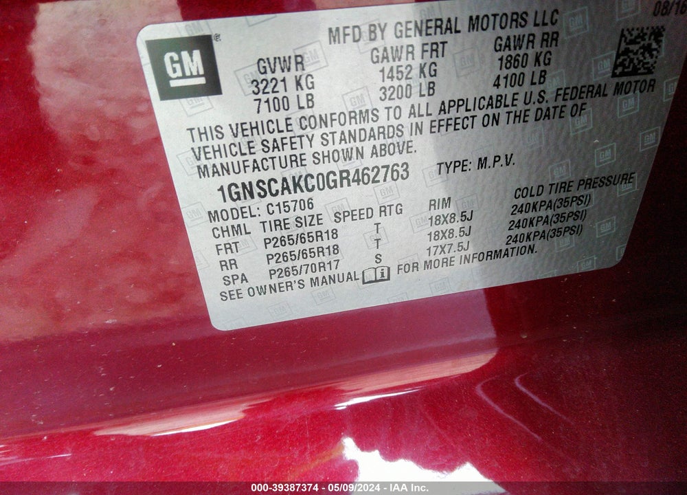 2016 CHEVROLET TAHOE LS VIN: 1GNSCAKC0GR462763