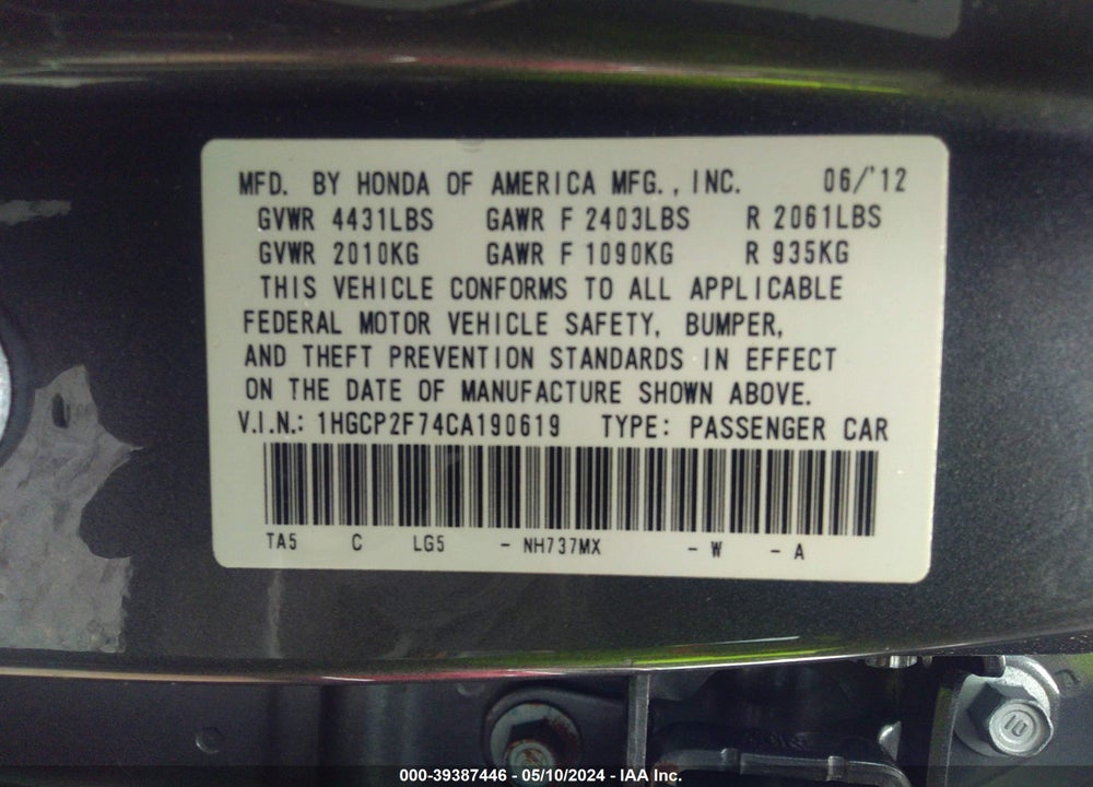 2012 HONDA ACCORD 2.4 EX VIN: 1HGCP2F74CA190619