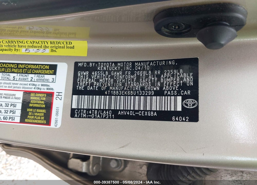 2011 TOYOTA CAMRY HYBRID VIN: 4T1BB3EK6BU133299