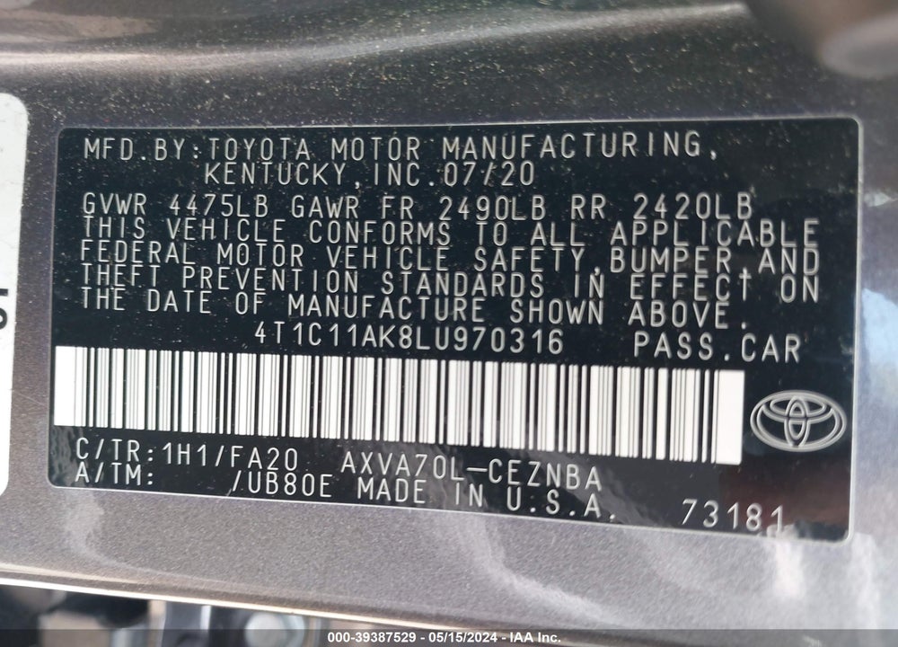 2020 TOYOTA CAMRY LE VIN: 4T1C11AK8LU970316