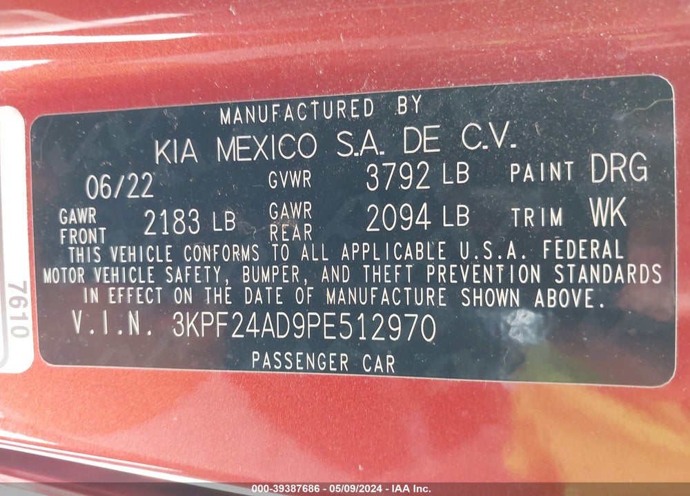 2023 KIA FORTE LXS VIN: 3KPF24AD9PE512970